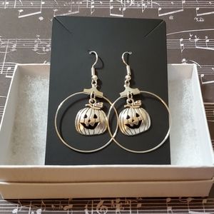 Silver Pumpkin Jack O' Lantern Hoop Drop Earrings